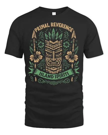 Primal Reverence Island Spirits Tiki Graphic T Shirt Tee - black t-shirt on white background
