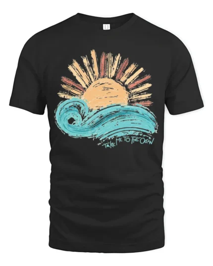 Take Me To The Ocean Wave Sunset Graphic T Shirt Tee - black t-shirt on white background
