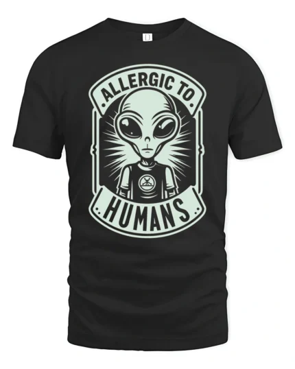 Allergic To Humans Alien Graphic T Shirt Funny UFO Tee - black t-shirt on white background