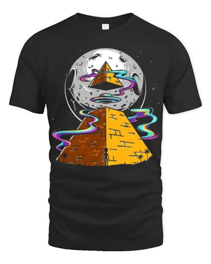 Cosmic Pyramid UFO Graphic T Shirt Alien Space Art Tee - black t-shirt on white background