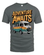 Adventure Awaits Van Life Graphic T Shirt Retro Travel Tee - gray t-shirt on white background