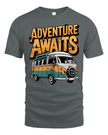 Adventure Awaits Van Life Graphic T Shirt Retro Travel Tee - gray t-shirt on white background