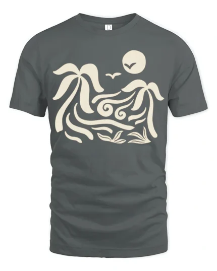 Tropical Wave Palm Tree Graphic T Shirt Sunset Beach Vibe Tee - gray t-shirt on white background
