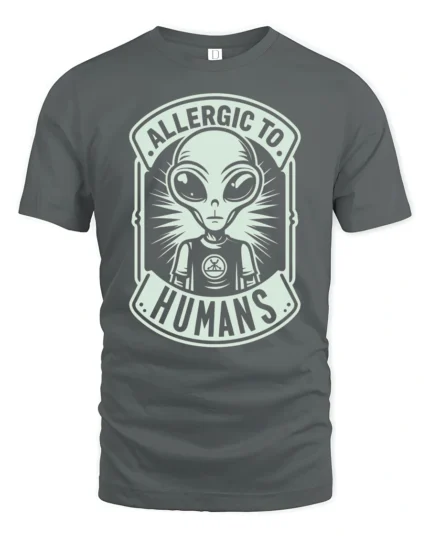 Allergic To Humans Alien Graphic T Shirt Funny UFO Tee - gray t-shirt on white background
