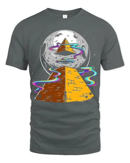 Cosmic Pyramid UFO Graphic T Shirt Alien Space Art Tee - gray t-shirt on white background