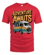 Adventure Awaits Van Life Graphic T Shirt Retro Travel Tee - red t-shirt on white background