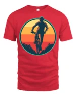 Retro Mountain Biking Sunset Graphic T Shirt Adventure Tee - red t-shirt on white background