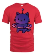 Cute Space Cat Alien Graphic T Shirt Kawaii Cosmic Tee - red t-shirt on white background