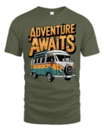 Adventure Awaits Van Life Graphic T Shirt Retro Travel Tee - military green t-shirt on white background
