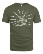 Minimal Flower Sun Wave Graphic T Shirt Aesthetic Nature Tee - military green t-shirt on white background