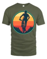 Retro Mountain Biking Sunset Graphic T Shirt Adventure Tee - military green t-shirt on white background