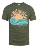 Take Me To The Ocean Wave Sunset Graphic T Shirt Tee - military green t-shirt on white background