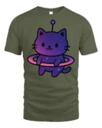 Cute Space Cat Alien Graphic T Shirt Kawaii Cosmic Tee - military green t-shirt on white background