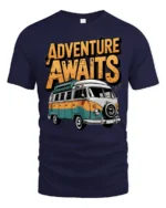 Adventure Awaits Van Life Graphic T Shirt Retro Travel Tee - navy t-shirt on white background