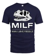 MILF Man I Love Fossils Dinosaur Skull Funny T Shirt Tee - navy t-shirt on white background
