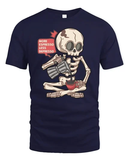 More Espresso Less Depresso Skeleton Coffee T Shirt Tee - navy t-shirt on white background