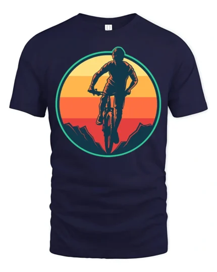 Retro Mountain Biking Sunset Graphic T Shirt Adventure Tee - navy t-shirt on white background