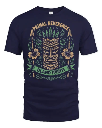 Primal Reverence Island Spirits Tiki Graphic T Shirt Tee - navy t-shirt on white background