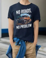 No Roads No Problem Off Road Truck Graphic T Shirt Tee - model wearing navy tee with hands in pockets