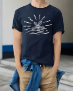 Minimal Flower Sun Wave Graphic T Shirt Aesthetic Nature Tee - model wearing navy tee with hands in pockets