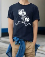 Funny Skeleton Coffee Run Graphic T Shirt Dark Humor Tee - model wearing navy tee with hands in pockets