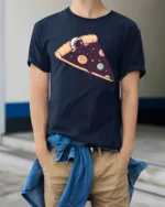 Space Pizza Astronaut Graphic T Shirt Funny Cosmic Tee - model wearing navy tee with hands in pockets