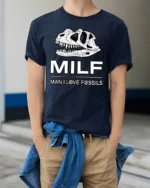 MILF Man I Love Fossils Dinosaur Skull Funny T Shirt Tee - model wearing navy tee with hands in pockets