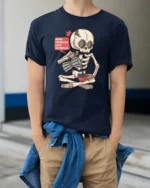 More Espresso Less Depresso Skeleton Coffee T Shirt Tee - model wearing navy tee with hands in pockets
