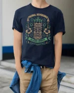 Primal Reverence Island Spirits Tiki Graphic T Shirt Tee - model wearing navy tee with hands in pockets