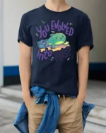 You Evolved Into This Funny Axolotl Graphic T Shirt Tee - model wearing navy tee with hands in pockets