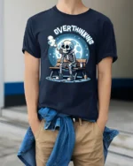 Funny Overthinking Skeleton Tshirt Night Vibe Humor Tee - model wearing navy tee with hands in pockets