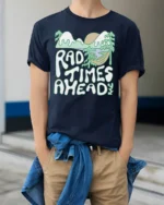 Rad Times Ahead Camping T Shirt Retro Nature Adventure Tee - model wearing navy tee with hands in pockets
