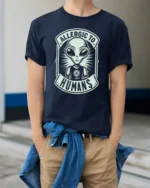 Allergic To Humans Alien Graphic T Shirt Funny UFO Tee - model wearing navy tee with hands in pockets