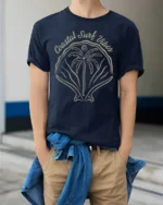 Coastal Surf Vibes Palm Wave Graphic T Shirt Beach Tee - model wearing navy tee with hands in pockets
