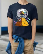 Cosmic Pyramid UFO Graphic T Shirt Alien Space Art Tee - model wearing navy tee with hands in pockets