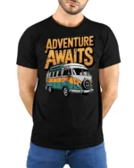 Adventure Awaits Van Life Graphic T Shirt Retro Travel Tee - model wearing black tee with hands behind back