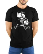 Funny Skeleton Coffee Run Graphic T Shirt Dark Humor Tee - model wearing black tee with hands behind back