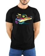 Colorful Alligator Head Graphic T Shirt Bold Reptile Art Tee - model wearing black tee with hands behind back
