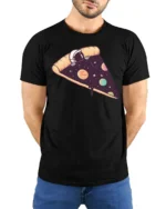 Space Pizza Astronaut Graphic T Shirt Funny Cosmic Tee - model wearing black tee with hands behind back