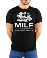 MILF Man I Love Fossils Dinosaur Skull Funny T Shirt Tee - model wearing black tee with hands behind back