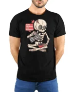 More Espresso Less Depresso Skeleton Coffee T Shirt Tee - model wearing black tee with hands behind back