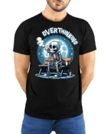 Funny Overthinking Skeleton Tshirt Night Vibe Humor Tee - model wearing black tee with hands behind back