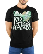 Rad Times Ahead Camping T Shirt Retro Nature Adventure Tee - model wearing black tee with hands behind back