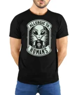 Allergic To Humans Alien Graphic T Shirt Funny UFO Tee - model wearing black tee with hands behind back