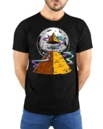 Cosmic Pyramid UFO Graphic T Shirt Alien Space Art Tee - model wearing black tee with hands behind back