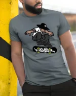 Street Skateboard Trick Graphic T Shirt Cool Skater Tee - model wearing grey tee, leaning on column