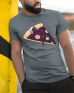 Space Pizza Astronaut Graphic T Shirt Funny Cosmic Tee - model wearing grey tee, leaning on column