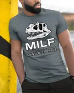 MILF Man I Love Fossils Dinosaur Skull Funny T Shirt Tee - model wearing grey tee, leaning on column