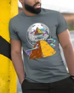 Cosmic Pyramid UFO Graphic T Shirt Alien Space Art Tee - model wearing grey tee, leaning on column
