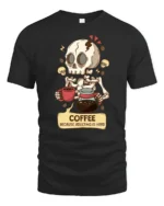 Coffee Because Adulting Is Hard Skeleton Funny T Shirt Tee - black t-shirt on white background